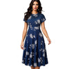 Floral Print Pleated Round neck A-Line Business Party Dress - Blindly Shop