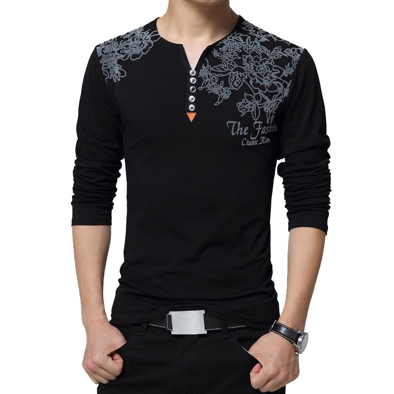 Floral Print Henry Collar Button Decorate Long Sleeve T-shirt