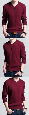 Men Casual V-Neck Pullover Slim Fit Long Sleeve Sweaters