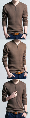 Men Casual V-Neck Pullover Slim Fit Long Sleeve Sweaters