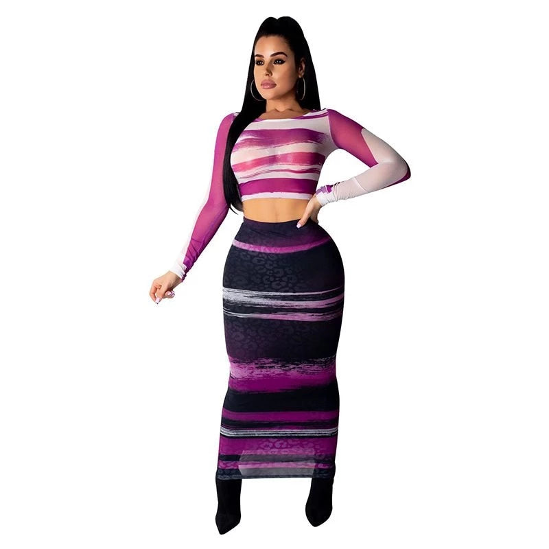 Elegant High Waist Striped Print See Through Sexy Two Piece Set -Party dress - Blindly Shop