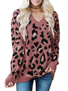 V Neck Leopard pattern Knitted Sweater for Women