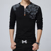 Floral Print Henry Collar Button Decorate Long Sleeve T-shirt