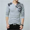 Floral Print Henry Collar Button Decorate Long Sleeve T-shirt