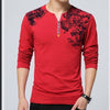 Floral Print Henry Collar Button Decorate Long Sleeve T-shirt