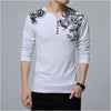 Floral Print Henry Collar Button Decorate Long Sleeve T-shirt