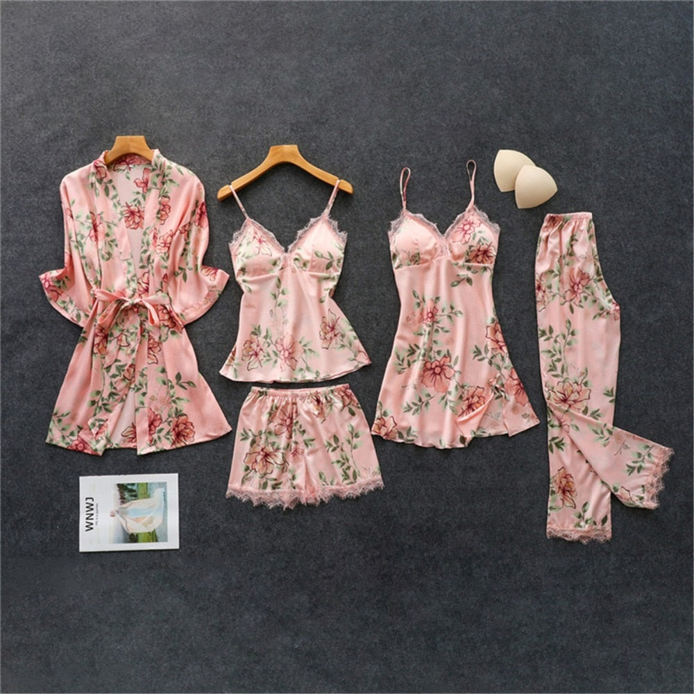 5Pcs Pajama Set Satin Sexy Lace Nightie