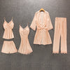 5Pcs Pajama Set Satin Sexy Lace Nightie