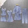 5Pcs Pajama Set Satin Sexy Lace Nightie