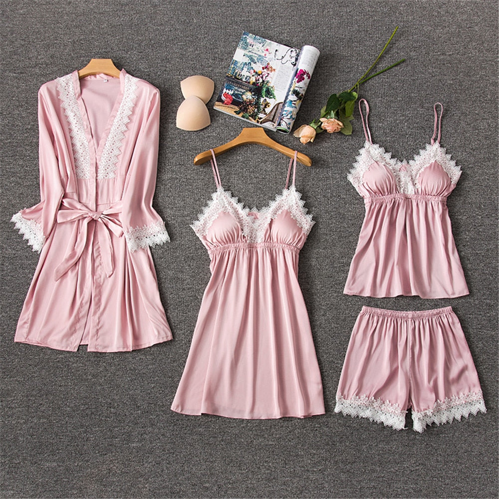 Satin Pajamas With Shorts 4-Piece Sleepwear Suits